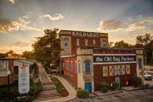A photo of the Old Bag Factory at sunset.