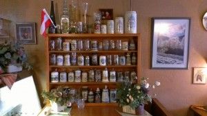 Beer steins from Austria and Germany on display.