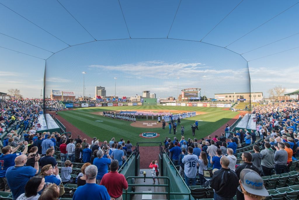 Crowd at a baseball game for the South Bend Cubs Opening Day