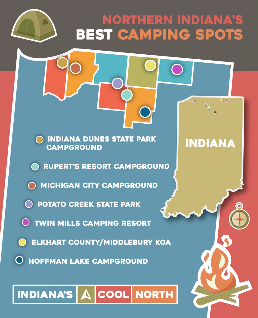 An illustrated map of Northern Indiana showing locations of camping spots, accompanied by a listing.