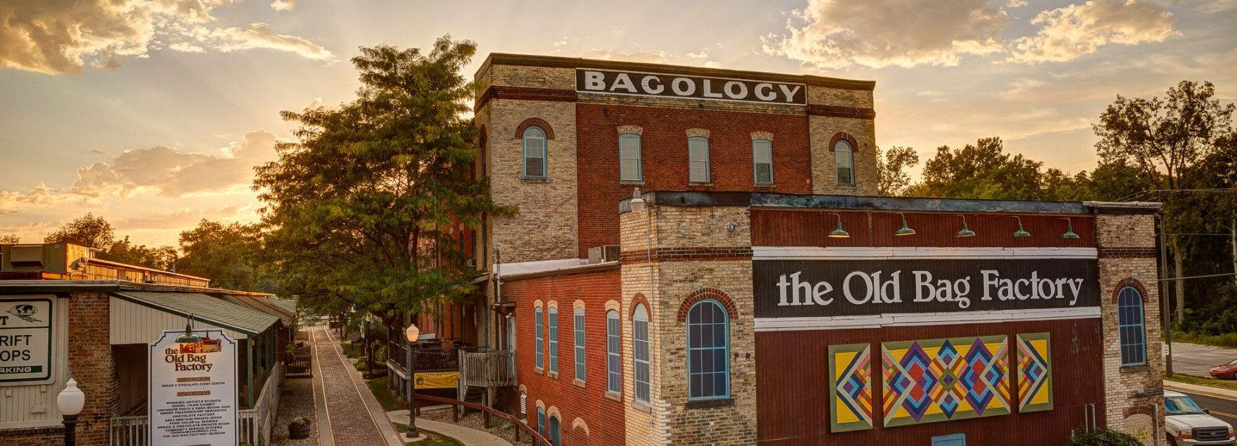 A photo of the Old Bag Factory at sunset.